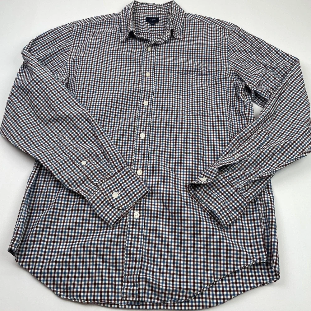 J Crew Mens Medium Blue Brown Check Button Up Long Sleeve Cotton Shirt 31872